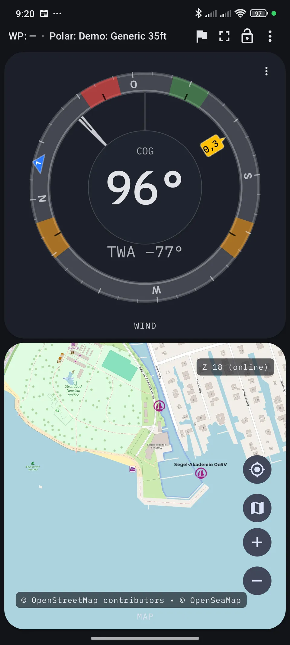 velahelm Kartenansicht mit Navigation und Windanzeige