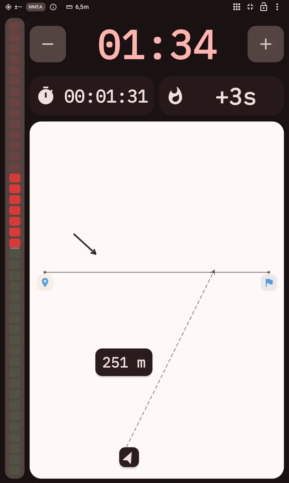 velahelm Startlinien-Ansicht mit Countdown und Distanz zur Linie
